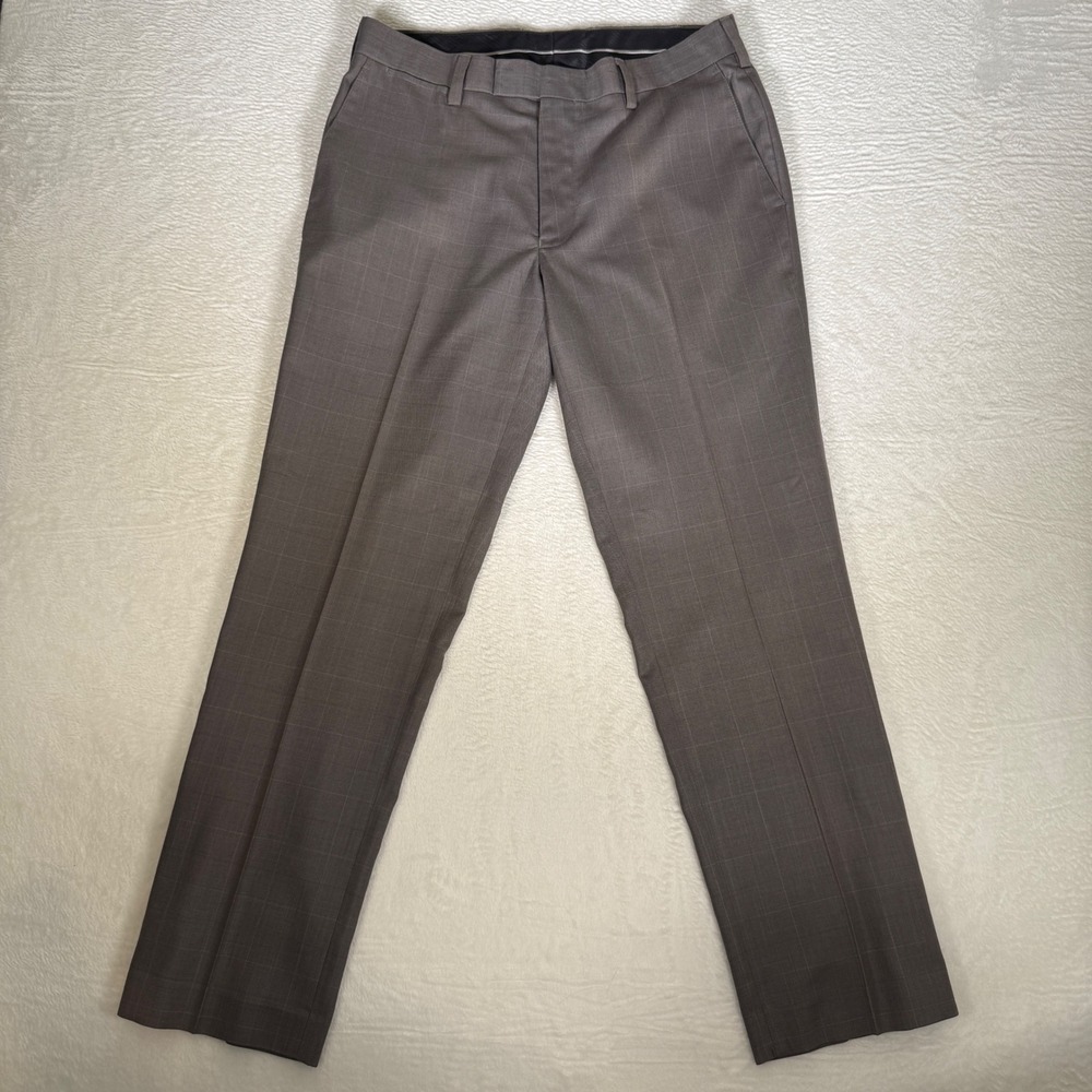 Louis Raphael Tailored Mens Grey Windowpane Plaid‎ Dress Flat Pants 33x30